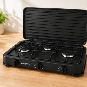 Газова настільна плита BobbyTec 2855 Deluxe Gas Stove на 3 конфорки з кришкою, чорна ВТ