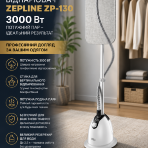 Підлоговий відпарювач Zepline ZP-130 3000 Вт з телескопічною стійкою та безперервною подачею пари (біла)