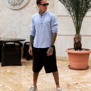 Сорочка лляна чоловіча Ollo довгий рукав Небесна S, M, L, XL, 2XL ( Розмір вказуйте в нотатках до замовлення)