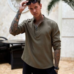 Сорочка лляна чоловіча Ollo довгий рукав Хакі  S, M, L, XL ( Розмір вказуйте в нотатках до замовлення)