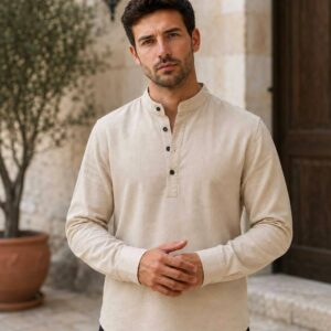 Сорочка лляна чоловіча Ollo довгий рукав Молочний( натуральний)  S, M, L, XL , 2XL ( Розмір вказуйте в нотатках до замовлення)