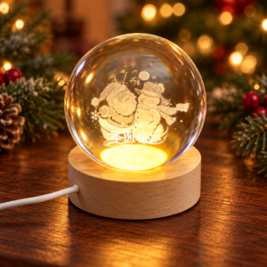 Різдвяний нічник 3D «Merry Christmas» — куля 6 см із теплим LED-світлом та USB-підставкою JM