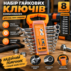 Набір комбінованих гайкових ключів Wrench 8–19 мм, 8 предметів, Cr-V сталь у тримачі AN