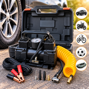 Автомобільний компресор Air Pump у кейсі з манометром, спіральним шлангом та кабелем живлення AN
