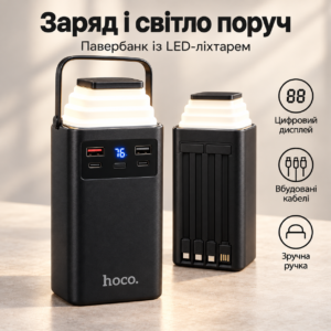 Портативний павербанк Hoco з LED-ліхтарем, дисплеєм і вбудованими кабелями — заряджання та світло поруч JM