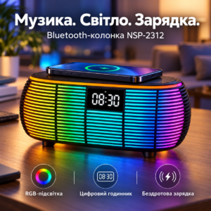 Bluetooth-колонка NSP-2312 з годинником, бездротовою зарядкою та RGB-підсвіткою JM