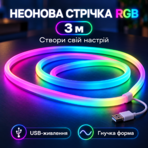 Розумна гнучка неонова стрічка LED Neon RGB 3 м з USB — кольорове підсвічування для затишку та яскравих вечірок JM